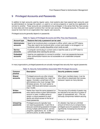 From Password Reset to Authentication Management
9 Privileged Accounts and Passwords
In addition to login accounts used by regular users, most systems also have special login accounts used
by administrators to manage the system, or used to run service programs or used by one application to
connect to another. These accounts are considered to be privileged, in the sense that they have access
to more data and more system functions than normal user accounts. Privileged accounts, if misused, can
cause far more harm to an organization than regular user accounts.
Privileged accounts generally depend on passwords:
Table 14. Types of Privileged Accounts and Why They Use Passwords
Account type Reasons that only a password can be used
Administrator
accounts
Need to be functional when a computer is ofﬂine, which rules out OTP tokens.
They also need to be functional when a smart card reader is not plugged in or
functional, which usually disqualiﬁes smart cards as well.
Service
accounts
A computer cannot plug in a smart card or read the code on an OTP token to
authenticate when starting the service.
Embedded
accounts
Used by one application to connect to another - must use passwords because
other authentication factors are not accessible to an unattended computer
program.
In many organizations, privileged passwords are actually managed less securely than regular passwords:
Table 15. Security Vulnerabilities Associated With Privileged Accounts
Common
practice
Description Security problems created
Shared
accounts
Privileged accounts are often shared.
This is more reasonable than might ﬁrst
appear. Consider a small team of ten
administrators who must manage 1000
Windows servers. It’s much easier to
create 1000 local administrator accounts
than 10,000.
When team members leave, it can be
very difﬁcult to deactivate their access,
because it spans so many devices.
Written
passwords
Rather than have the same password on
every device where a given administrator
account is used, it makes sense to
assign a unique password to each
device and share access to the list of
these passwords.
The security of hundreds of assets may
be reduced to the security of a piece of
paper (or spreadsheet, etc.). This can
seriously compromise network security.
Unexpiring
passwords
Privileged accounts typically have
non-expiring passwords. In part this is
because coordinating password changes
among multiple administrators, service
programs, applications, etc. is difﬁcult
and error prone, so often avoided.
An attacker may have an unlimited
amount of time to try to compromise a
privileged account’s password, thereby
signiﬁcantly increasing his chances of
success.
© 2014 Hitachi ID Systems, Inc.. All rights reserved. 20
 