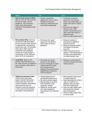 From Password Reset to Authentication Management
Option Pros Cons
3 Secure kiosk account (SKA):
Sign into any PC with a generic
ID such as “help” and no
password. This launches a
kiosk-mode web browser
directed to the password reset
web page.
• Simple, inexpensive
deployment, with no client
software component.
• Users can reset both local
and network passwords.
• Introduces a “generic”
account on the network,
which may violate policy, no
matter how well it is locked
down.
• One user can trigger an
intruder lockout on the
“help” account, denying
service to other users who
require a password reset.
• Does not help mobile users.
4 Personalized SKA: Same as
the domain-wide SKA above,
but the universal “help” account
is replaced with one personal
account per user. For example,
each user’s “help” account
could have their employee
number for a login ID and a
combination of their SSN and
date of birth for a password.
• Eliminates the “guest”
account on the domain,
which does not have a
password.
• Requires creation of
thousands of additional
domain accounts.
• Requires ongoing creation
and deletion of domain
accounts.
• These new accounts are
special – their passwords do
not expire and would likely
not meet strength rules.
5 Local SKA: Same as the
domain-wide SKA above, but
the “help” account is created on
each computer, rather than on
the domain.
• Eliminates the “guest”
account on the domain.
• Can be conﬁgured to assist
mobile users who forgot
their cached domain
password (by automatically
establishing a temporary
VPN connection).
• Requires a small footprint
on each computer (the local
“help” account.)
6 Telephone password reset:
Users call an automated
system, identify themselves
using touch-tone input of a
numeric identiﬁer, authenticate
with touch-tone input of
answers to security questions
or with voice print biometrics
and select a new password.
• Simple deployment of
centralized infrastructure.
• No client software impact.
• May leverage an existing
IVR (interactive voice
response) system.
• Helpful for remote users
who need assistance
connecting to the corporate
VPN.
• New physical infrastructure
is usually required.
• Users generally don’t like to
“talk to a machine” so
adoption rates are lower
than with a web portal.
• Does not help mobile users
who forgot their cached
domain password.
• Does not help unlock PINs
on smart cards.
© 2014 Hitachi ID Systems, Inc.. All rights reserved. 26
 