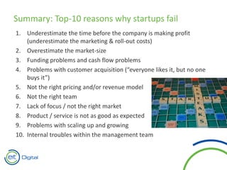 Summary: Top-10 reasons why startups fail
1. Underestimate the time before the company is making profit
(underestimate the marketing & roll-out costs)
2. Overestimate the market-size
3. Funding problems and cash flow problems
4. Problems with customer acquisition (“everyone likes it, but no one
buys it”)
5. Not the right pricing and/or revenue model
6. Not the right team
7. Lack of focus / not the right market
8. Product / service is not as good as expected
9. Problems with scaling up and growing
10. Internal troubles within the management team
 