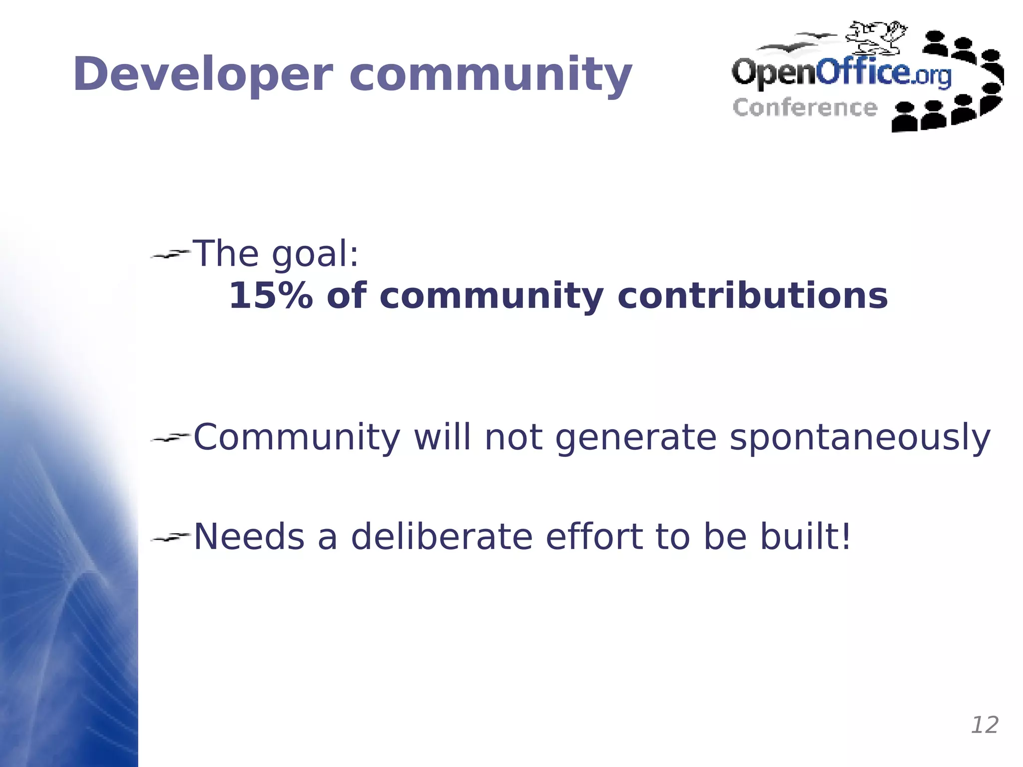 Developer community The goal: 15% of community contributions Community will not generate spontaneously Needs a deliberate effort to be built! 