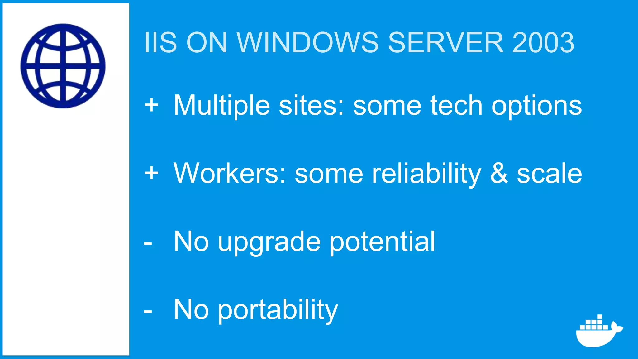 IIS ON WINDOWS SERVER 2003
+ Multiple sites: some tech options
+ Workers: some reliability & scale
- No upgrade potential
- No portability