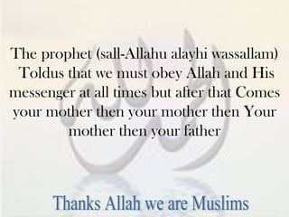 The prophet (sall-Allahu alayhi wassallam) Told  us  that we must obey Allah and His messenger at all times but after that Comes your mother then your mother then Your mother then your father Thanks Allah we are Muslims 