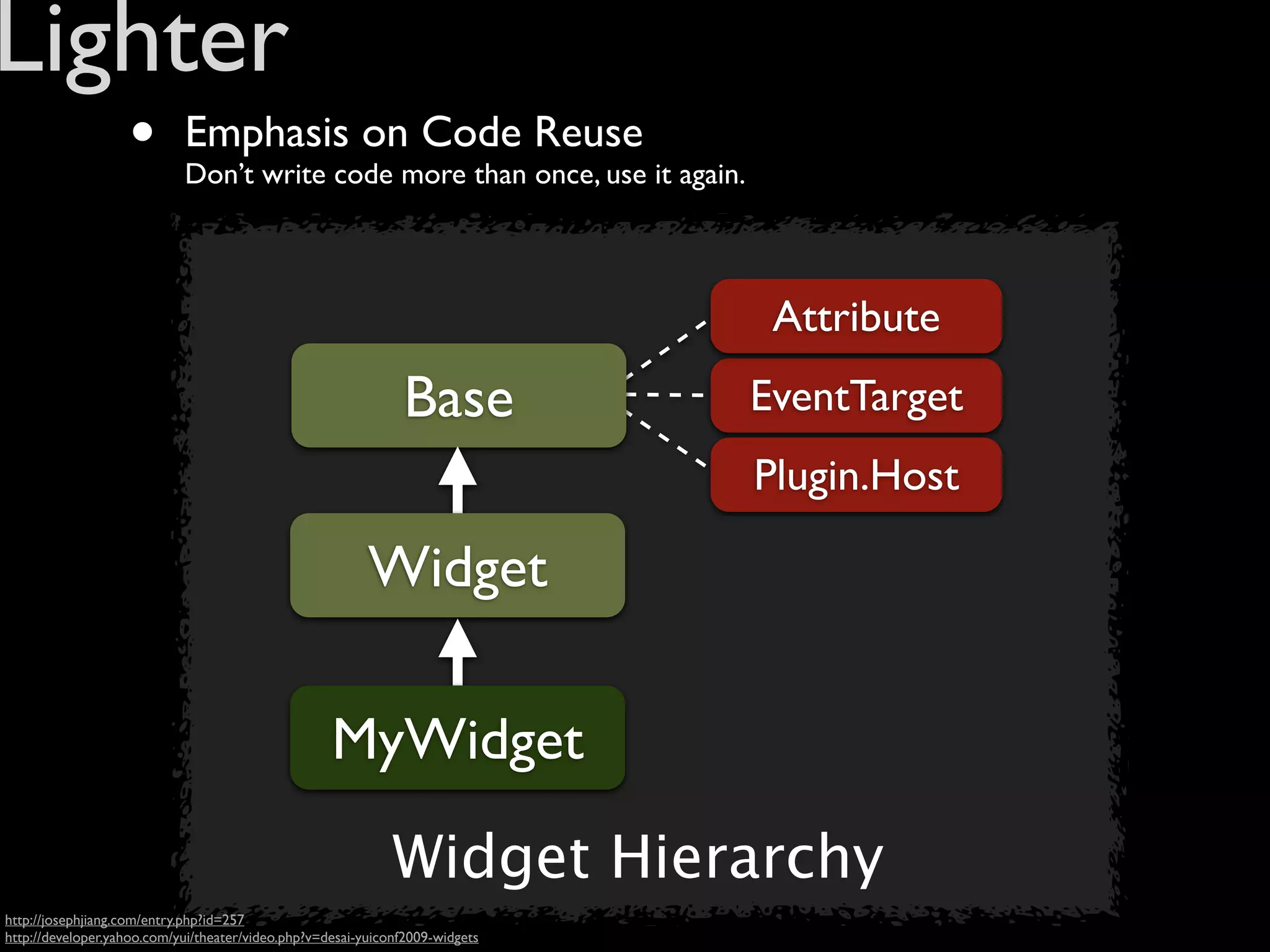 Lighter
                   •        Emphasis on Code Reuse
                            Don’t write code more than once, use it again.



                                                                                Attribute
                                                               Base            EventTarget
                                                                               Plugin.Host

                                                          Widget

                                                    MyWidget

                                                              Widget Hierarchy
http://josephjiang.com/entry.php?id=257
http://developer.yahoo.com/yui/theater/video.php?v=desai-yuiconf2009-widgets
 