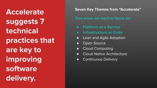Accelerate
suggests 7
technical
practices that
are key to
improving
software
delivery.
Seven Key Themes from “Accelerate”
Two areas we want to focus on:
● Platform as a Service
● Infrastructure as Code
● Lean and Agile Adoption
● Open Source
● Cloud Computing
● Cloud Native Architecture
● Continuous Delivery
 