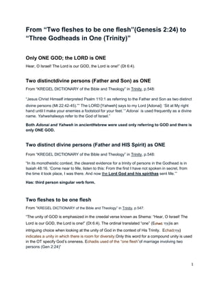 From “Two fleshes to be one flesh”(Genesis 2:24) to
“Three Godheads in One (Trinity)”


Only ONE GOD; the LORD is ONE
Hear, O Israel! The Lord is our GOD, the Lord is one!” (Dt 6:4).


Two distinctdivine persons (Father and Son) as ONE
From “KREGEL DICTIONARY of the Bible and Theology” in Trinity, p.548:

“Jesus Christ Himself interpreted Psalm 110:1 as referring to the Father and Son as two distinct
divine persons (Mt 22:42-45).”” The LORD [Yahweh] says to my Lord [Adonai]: „Sit at My right
hand until I make your enemies a footstool for your feet.‟” Adonai is used frequently as a divine
name. Yahwehalways refer to the God of Israel.”

Both Adonai and Yahweh in ancientHebrew were used only referring to GOD and there is
only ONE GOD.


Two distinct divine persons (Father and HIS Spirit) as ONE
From “KREGEL DICTIONARY of the Bible and Theology” in Trinity, p.548:

“In its monotheistic context, the clearest evidence for a trinity of persons in the Godhead is in
Isaiah 48:16. „Come near to Me, listen to this: From the first I have not spoken in secret, from
the time it took place, I was there. And now the Lord God and his spirithas sent Me.‟”

Has: third person singular verb form.



Two fleshes to be one flesh
From “KREGEL DICTIONARY of the Bible and Theology” in Trinity, p.547:

“The unity of GOD is emphasized in the creedal verse known as Shema: “Hear, O Israel! The
Lord is our GOD, the Lord is one!” (Dt 6:4). The ordinal translated “one” (Echad;    )is an
intriguing choice when looking at the unity of God in the context of His Trinity. Echad(      )
indicates a unity in which there is room for diversity.Only this word for a compound unity is used
in the OT specify God‟s oneness. Echadis used of the “one flesh”of marriage involving two
persons (Gen 2:24)”



                                                                                                    1
 