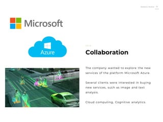 Roberto Muñoz 19
Collaboration
2 0 1 5
The company wanted to explore the new
services of the platform Microsoft Azure.
Several clients were interested in buying
new services, such as image and text
analysis.
Cloud computing, Cognitive analytics.
 