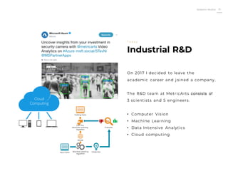 Roberto Muñoz 21
Industrial R&D
T o d a y
On 2017 I decided to leave the
academic career and joined a company.
The R&D team at MetricArts consists of
3 scientists and 5 engineers.
• Computer Vision
• Machine Learning
• Data Intensive Analytics
• Cloud computing
 