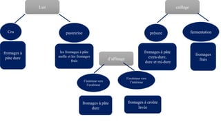 Lait
Cru pasteurise
les fromages à pâte
molle et les fromages
frais
fromages à
pâte dure
caillage
fermentationprésure
fromages
frais
fromages à pâte
extra-dure,
dure et mi-dure
d’affinage
l’intérieur vers
l’extérieur
l’extérieur vers
l’intérieur
fromages à croûte
lavée
fromages à pâte
dure
 