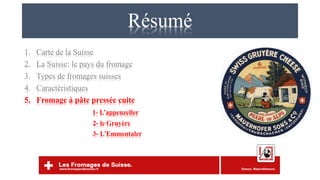 Résumé
1. Carte de la Suisse
2. La Suisse: le pays du fromage
3. Types de fromages suisses
4. Caractéristiques
5. Fromage à pâte pressée cuite
1- L’appenzeller
2- le Gruyère
3- L'Emmentaler
 