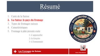 Résumé
1. Carte de la Suisse
2. La Suisse: le pays du fromage
3. Types de fromages suisses
4. Caractéristiques
5. Fromage à pâte pressée cuite
1- L’appenzeller
2- le Gruyère
3- L'Emmentaler
 