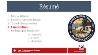 Résumé
1. Carte de la Suisse
2. La Suisse: le pays du fromage
3. Types de fromages suisses
4. Caractéristiques
5. Fromage à pâte pressée cuite
1- L’appenzeller
2- le Gruyère
3- L'Emmentaler
 