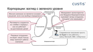 Корпорации: взгляд с зеленого уровня
Регламенты создаются
из «любви к порядку»,
они не работают
на достижение целей
Рядовые сотрудники
не видят, какую пользу
миру приносит работа
компании
Менеджмент волюнтаристки
или бездумно-бюрократически
оценивает вклад сотрудника,
поощряет или наказывает
Миссия компании не является основой
решений, если она вообще определена
Современное поколение просто
не будет в них работать –
кейсы Microsoft, IBM, «Сбертеха»
44/62
 