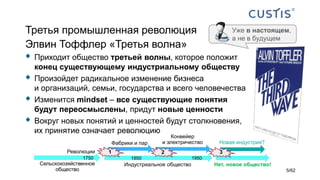 Третья промышленная революция
Элвин Тоффлер «Третья волна»
 Приходит общество третьей волны, которое положит
конец существующему индустриальному обществу
 Произойдет радикальное изменение бизнеса
и организаций, семьи, государства и всего человечества
 Изменится mindset – все существующие понятия
будут переосмыслены, придут новые ценности
 Вокруг новых понятий и ценностей будут столкновения,
их принятие означает революцию
Уже в настоящем,
а не в будущем
Сельскохозяйственное
общество
Индустриальное общество
Фабрики и пар
Конвейер
и электричество Новая индустрия?
Нет, новое общество!
321Революции
1750 1850 1950
5/62
 