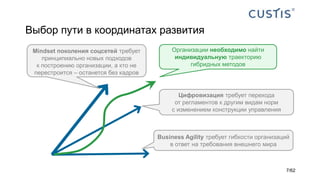 Выбор пути в координатах развития
Business Agility требует гибкости организаций
в ответ на требования внешнего мира
Цифровизация требует перехода
от регламентов к другим видам норм
с изменением конструкции управления
Mindset поколения соцсетей требует
принципиально новых подходов
к построению организации, а кто не
перестроится – останется без кадров
Организации необходимо найти
индивидуальную траекторию
гибридных методов
7/62
 