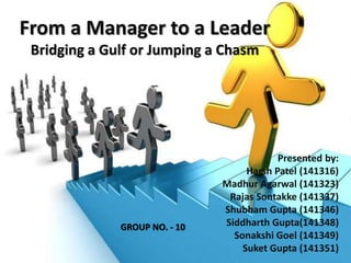 From a Manager to a Leader
Bridging a Gulf or Jumping a Chasm
Presented by:
Harsh Patel (141316)
Madhur Agarwal (141323)
Rajas Sontakke (141337)
Shubham Gupta (141346)
Siddharth Gupta(141348)
Sonakshi Goel (141349)
Suket Gupta (141351)
GROUP NO. - 10
 