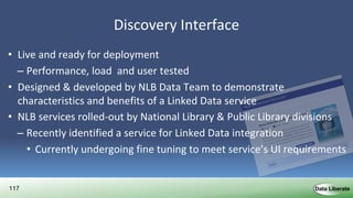 117
Discovery Interface
• Live and ready for deployment
– Performance, load and user tested
• Designed & developed by NLB Data Team to demonstrate
characteristics and benefits of a Linked Data service
• NLB services rolled-out by National Library & Public Library divisions
– Recently identified a service for Linked Data integration
• Currently undergoing fine tuning to meet service’s UI requirements
 