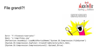 File grandi?!
$src= "f:finanzariservato"
$dst= "c:tmpfiles.zip"
[Reflection.Assembly]::LoadWithPartialName("System.IO.Compression.FileSystem")
[System.IO.Compression.ZipFile]::CreateFromDirectory($src,$dst,
[System.IO.Compression.CompressionLevel]::Optimal,$true)
 