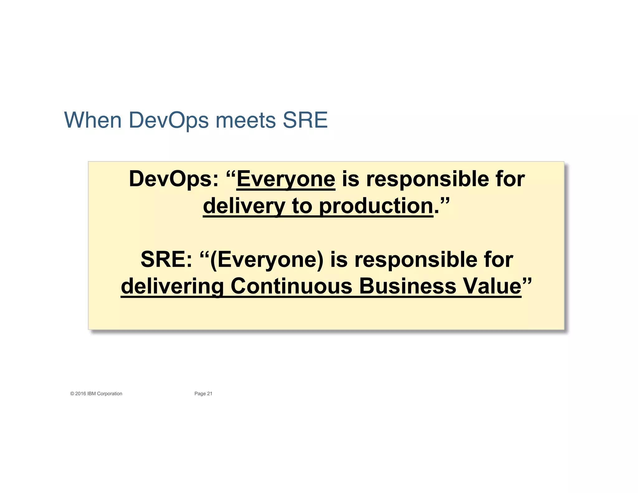21Page© 2016 IBM Corporation
When DevOps meets SRE
DevOps: “Everyone is responsible for
delivery to production.”
SRE: “(Everyone) is responsible for
delivering Continuous Business Value”
 