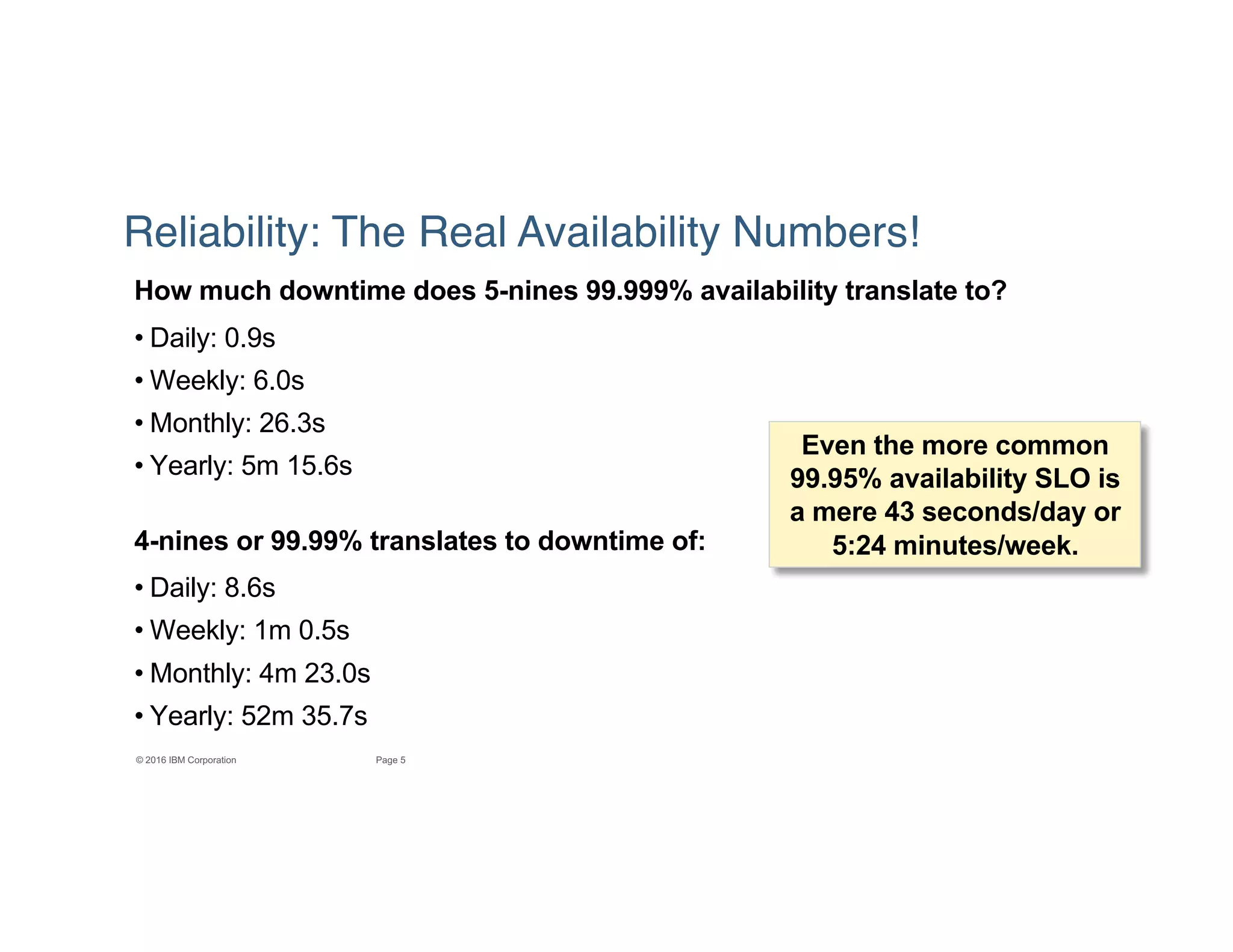 5Page© 2016 IBM Corporation
Reliability: The Real Availability Numbers!
How much downtime does 5-nines 99.999% availability translate to?
• Daily: 0.9s
• Weekly: 6.0s
• Monthly: 26.3s
• Yearly: 5m 15.6s
4-nines or 99.99% translates to downtime of:
• Daily: 8.6s
• Weekly: 1m 0.5s
• Monthly: 4m 23.0s
• Yearly: 52m 35.7s
Even the more common
99.95% availability SLO is
a mere 43 seconds/day or
5:24 minutes/week.
 