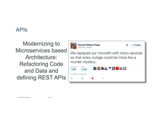 12Page© 2016 IBM Corporation
Modernizing to
Microservices based
Architecture:
Refactoring Code
and Data and
defining REST APIs
APIs
 