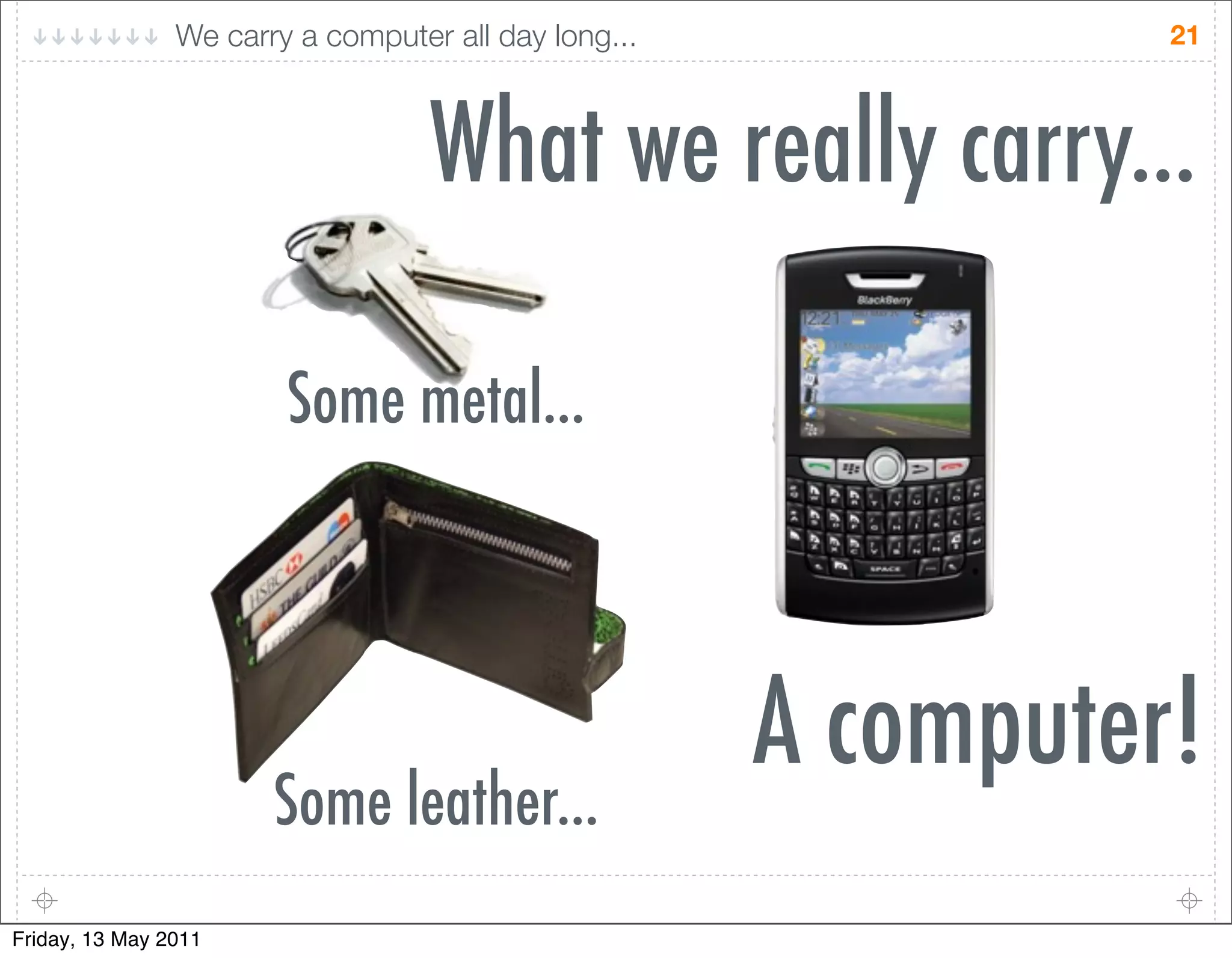 We carry a computer all day long...             21




                                   What we really carry...

                        Some metal...



                                                      A computer!
                       Some leather...
Friday, 13 May 2011
 