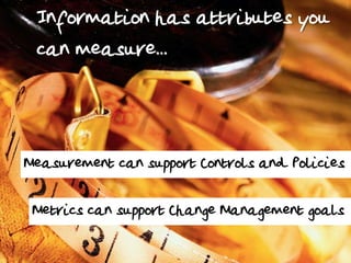 Information has attributes you
can measure...

Measurement can support Controls and Policies
Metrics can support Change Management goals

 