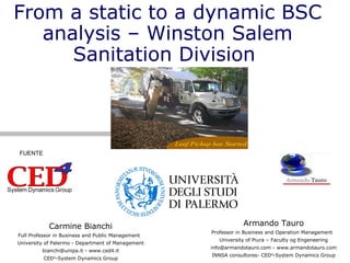 From a static to a dynamic BSC
analysis – Winston Salem
Sanitation Division
Carmine Bianchi
Full Professor in Business and Public Management
University of Palermo - Department of Management
bianchi@unipa.it - www.ced4.it
CED4
-System Dynamics Group
Armando Tauro
Professor in Business and Operation Management
University of Piura – Faculty og Engeneering
info@armandotauro.com - www.armandotauro.com
INNSA consultores- CED4
-System Dynamics Group
FUENTE
 