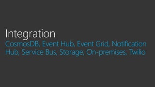 CosmosDB, Event Hub, Event Grid, Notification
Hub, Service Bus, Storage, On-premises, Twilio
 