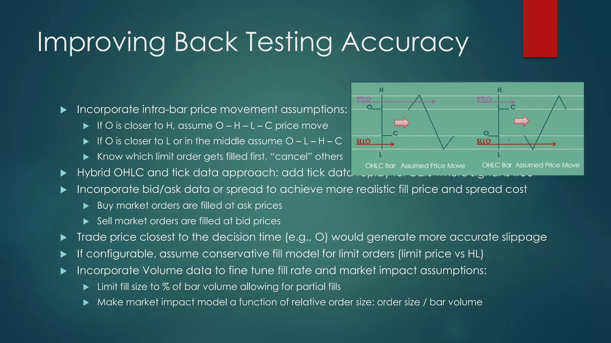 Improving Back Testing Accuracy
 Incorporate intra-bar price movement assumptions:
 If O is closer to H, assume O – H – L – C price move
 If O is closer to L or in the middle assume O – L – H – C
 Know which limit order gets filled first, “cancel” others
 Hybrid OHLC and tick data approach: add tick data replay for bars where signal is true
 Incorporate bid/ask data or spread to achieve more realistic fill price and spread cost
 Buy market orders are filled at ask prices
 Sell market orders are filled at bid prices
 Trade price closest to the decision time (e.g., O) would generate more accurate slippage
 If configurable, assume conservative fill model for limit orders (limit price vs HL)
 Incorporate Volume data to fine tune fill rate and market impact assumptions:
 Limit fill size to % of bar volume allowing for partial fills
 Make market impact model a function of relative order size: order size / bar volume
 
