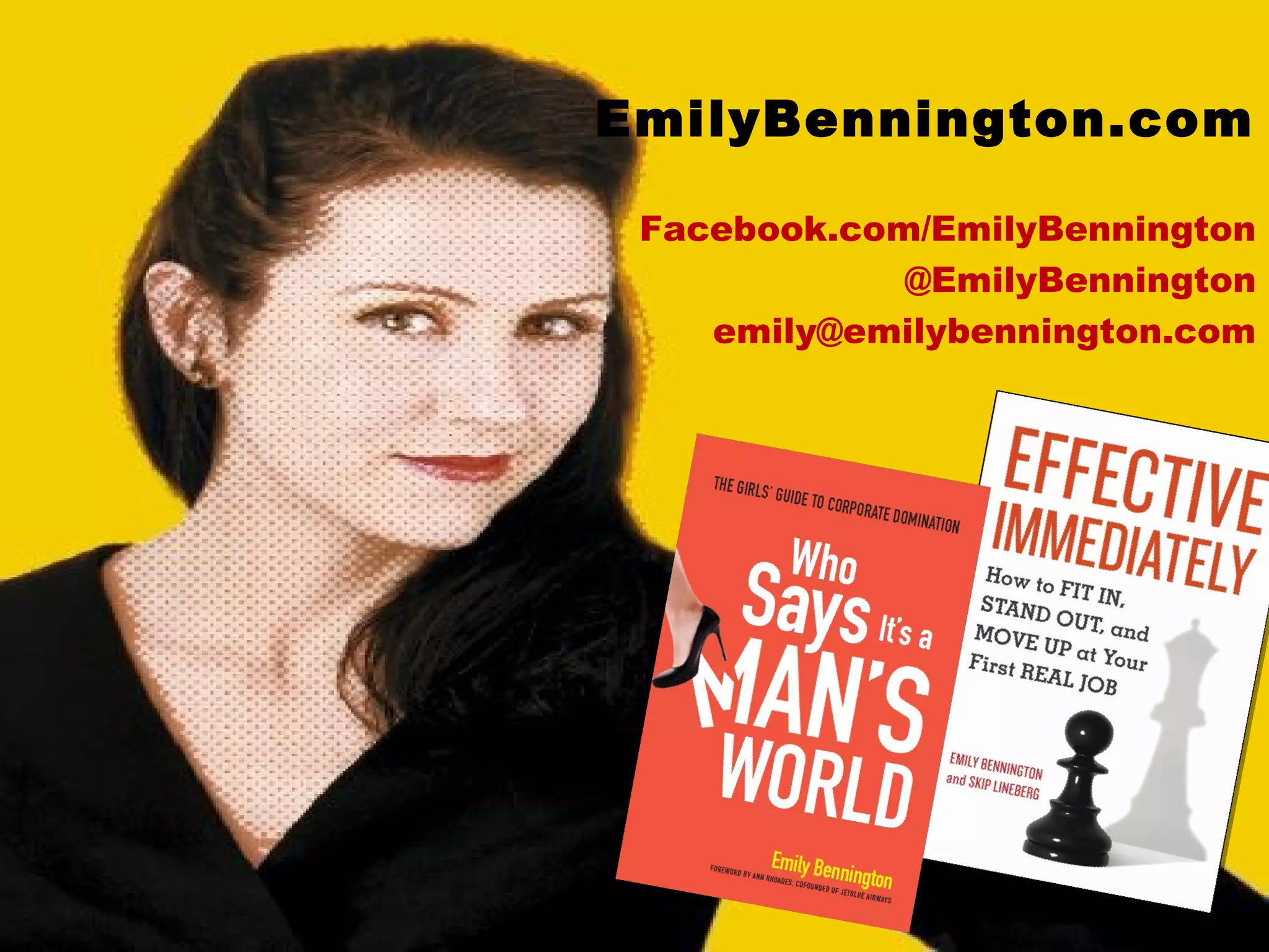 EmilyBennington.com
Facebook.com/EmilyBennington
@EmilyBennington
emily@emilybennington.com
 