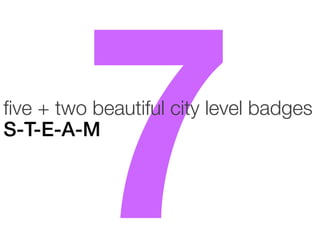 7

ﬁve + two beautiful city level badges
S-T-E-A-M!

 