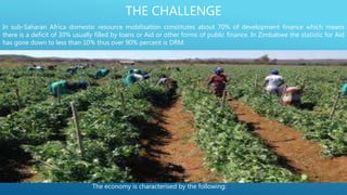THE CHALLENGE
In sub-Saharan Africa domestic resource mobilisation constitutes about 70% of development finance which means
there is a deficit of 30% usually filled by loans or Aid or other forms of public finance. In Zimbabwe the statistic for Aid
has gone down to less than 10% thus over 90% percent is DRM.
The economy is characterised by the following:
 