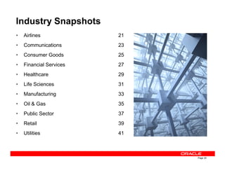 Industry Snapshots
• Airlines 21
• Communications 23
• Consumer Goods 25
• Financial Services 27
• Healthcare 29
• Life Sciences 31
Page 20
• Life Sciences 31
• Manufacturing 33
• Oil & Gas 35
• Public Sector 37
• Retail 39
• Utilities 41
 