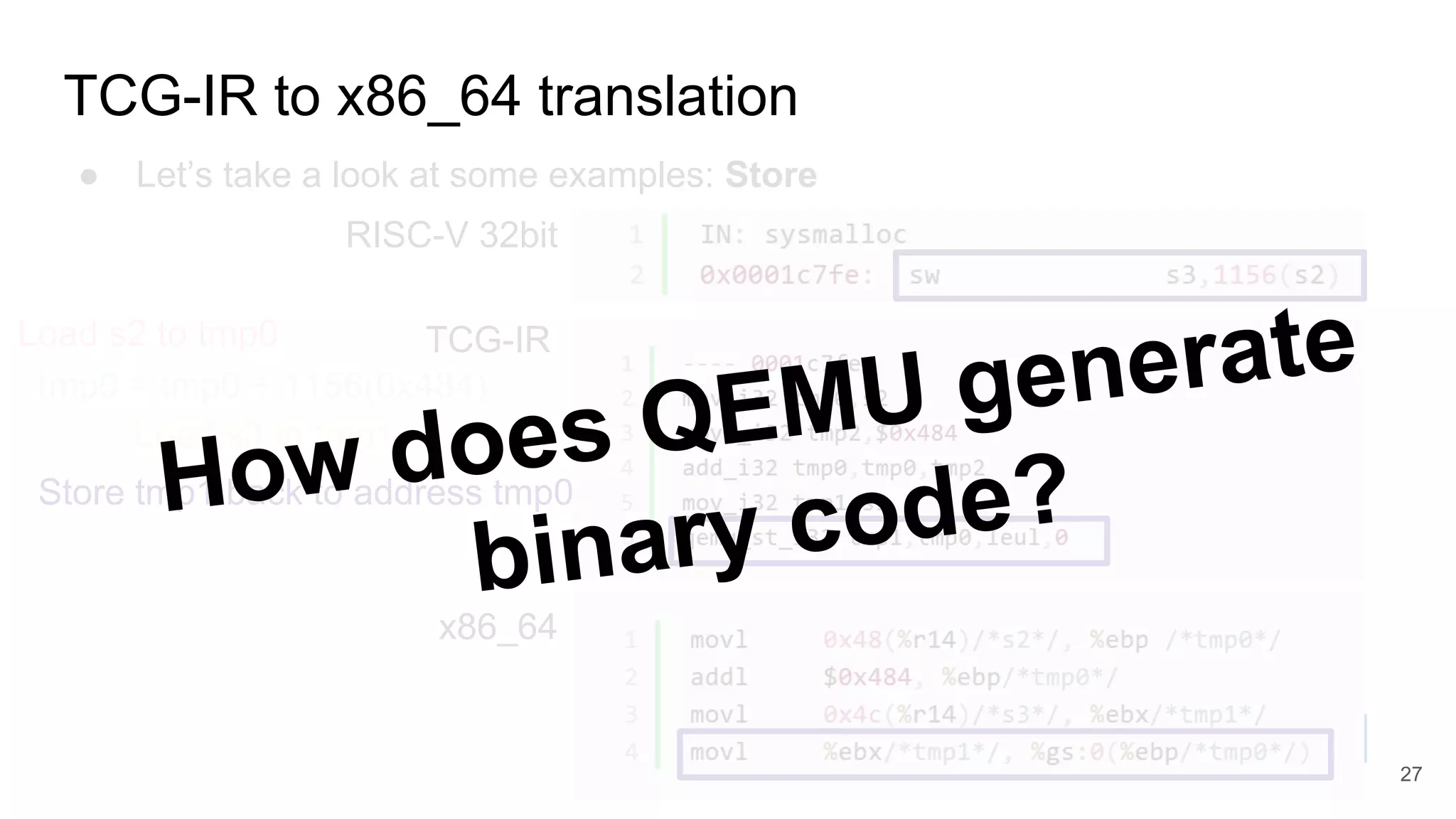 TCG-IR to x86_64 translation
RISC-V 32bit
TCG-IR
x86_64
● Let’s take a look at some examples: Store
tmp0 = tmp0 + 1156(0x484)
Load s2 to tmp0
Load s3 to tmp1
Store tmp1 back to address tmp0How does QEMU generate
binary code?
27
 