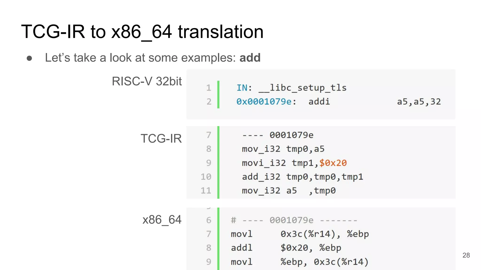 TCG-IR to x86_64 translation
● Let’s take a look at some examples: add
RISC-V 32bit
TCG-IR
x86_64
28
 