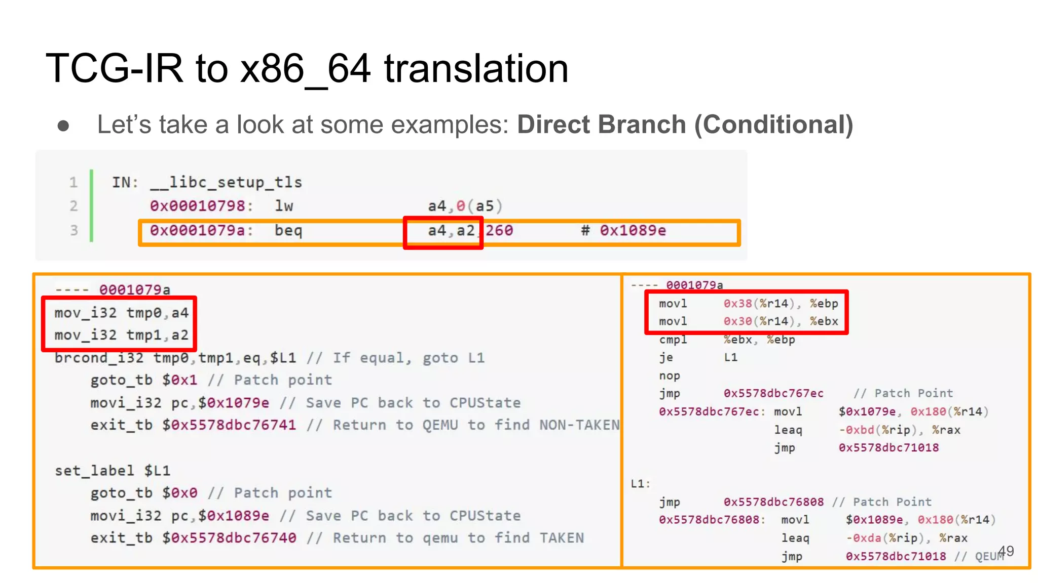 TCG-IR to x86_64 translation
● Let’s take a look at some examples: Direct Branch (Conditional)
49
 
