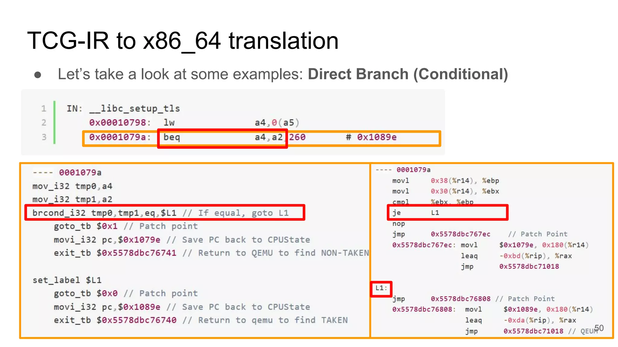 TCG-IR to x86_64 translation
● Let’s take a look at some examples: Direct Branch (Conditional)
50
 