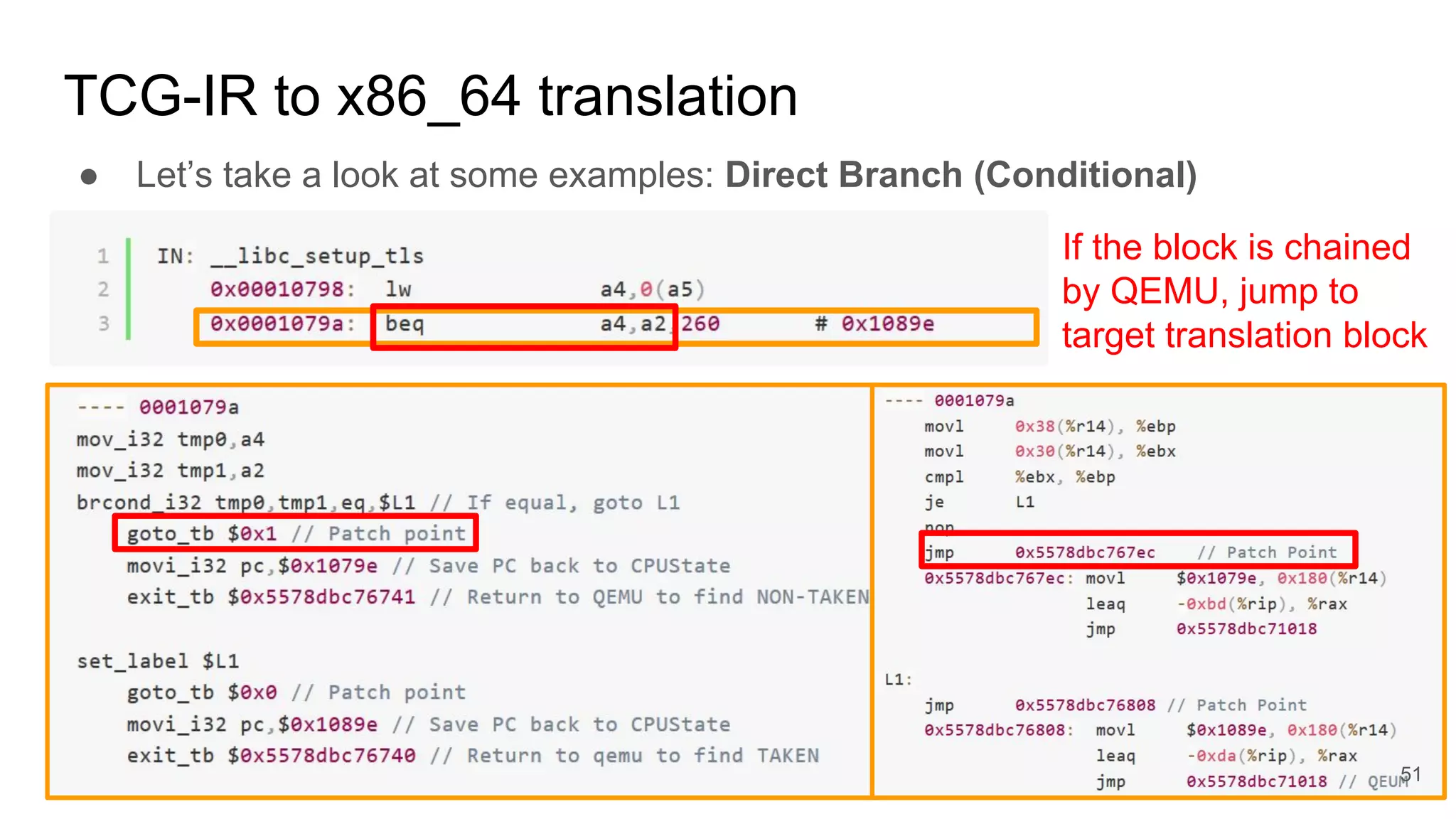 TCG-IR to x86_64 translation
● Let’s take a look at some examples: Direct Branch (Conditional)
If the block is chained
by QEMU, jump to
target translation block
51
 