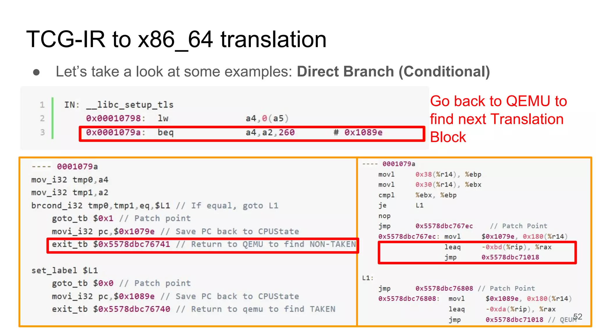 TCG-IR to x86_64 translation
● Let’s take a look at some examples: Direct Branch (Conditional)
Go back to QEMU to
find next Translation
Block
52
 