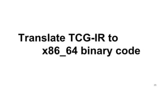Translate TCG-IR to
x86_64 binary code
25
 