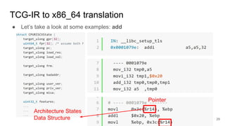 TCG-IR to x86_64 translation
● Let’s take a look at some examples: add
RISC-V 32bit
TCG-IR
x86_64
Architecture States
Data Structure 29
Pointer
 