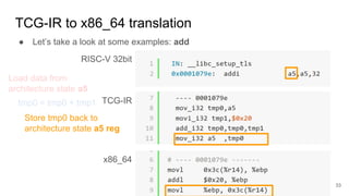 TCG-IR to x86_64 translation
● Let’s take a look at some examples: add
RISC-V 32bit
TCG-IR
x86_64
tmp0 = tmp0 + tmp1
Load data from
architecture state a5
Store tmp0 back to
architecture state a5 reg
33
 