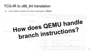 TCG-IR to x86_64 translation
RISC-V 32bit
TCG-IR
x86_64
● Let’s take a look at some examples: Store
tmp0 = tmp0 + 1156(0x484)
Load s2 to tmp0
Load s3 to tmp1
Store tmp1 back to address tmp0How does QEMU handle
branch instructions?
40
 