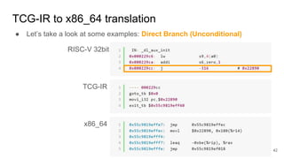 TCG-IR to x86_64 translation
● Let’s take a look at some examples: Direct Branch (Unconditional)
RISC-V 32bit
TCG-IR
x86_64
42
 