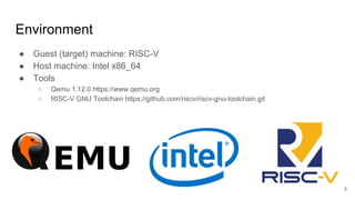 Environment
● Guest (target) machine: RISC-V
● Host machine: Intel x86_64
● Tools
○ Qemu 1.12.0 https://www.qemu.org
○ RISC-V GNU Toolchain https://github.com/riscv/riscv-gnu-toolchain.git
5
 