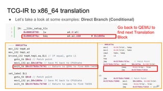 TCG-IR to x86_64 translation
● Let’s take a look at some examples: Direct Branch (Conditional)
Go back to QEMU to
find next Translation
Block
52
 