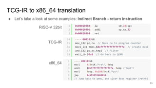 TCG-IR to x86_64 translation
● Let’s take a look at some examples: Indirect Branch - return instruction
RISC-V 32bit
TCG-IR
x86_64
53
 