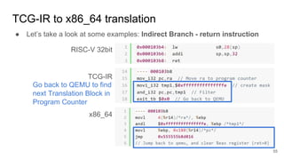 TCG-IR to x86_64 translation
● Let’s take a look at some examples: Indirect Branch - return instruction
RISC-V 32bit
TCG-IR
x86_64
Go back to QEMU to find
next Translation Block in
Program Counter
55
 