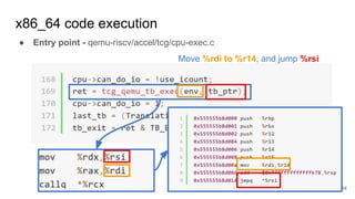 x86_64 code execution
● Entry point - qemu-riscv/accel/tcg/cpu-exec.c
64
Move %rdi to %r14, and jump %rsi
 